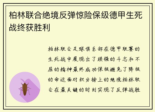 柏林联合绝境反弹惊险保级德甲生死战终获胜利